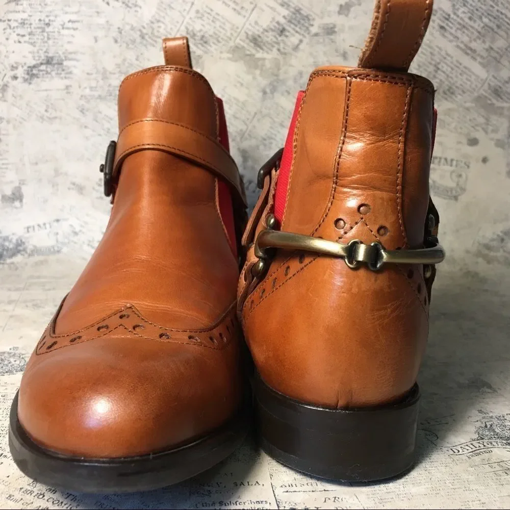 Pertini Spain Brown Leather Ankle Booties Red Elastic Chelsea Boots